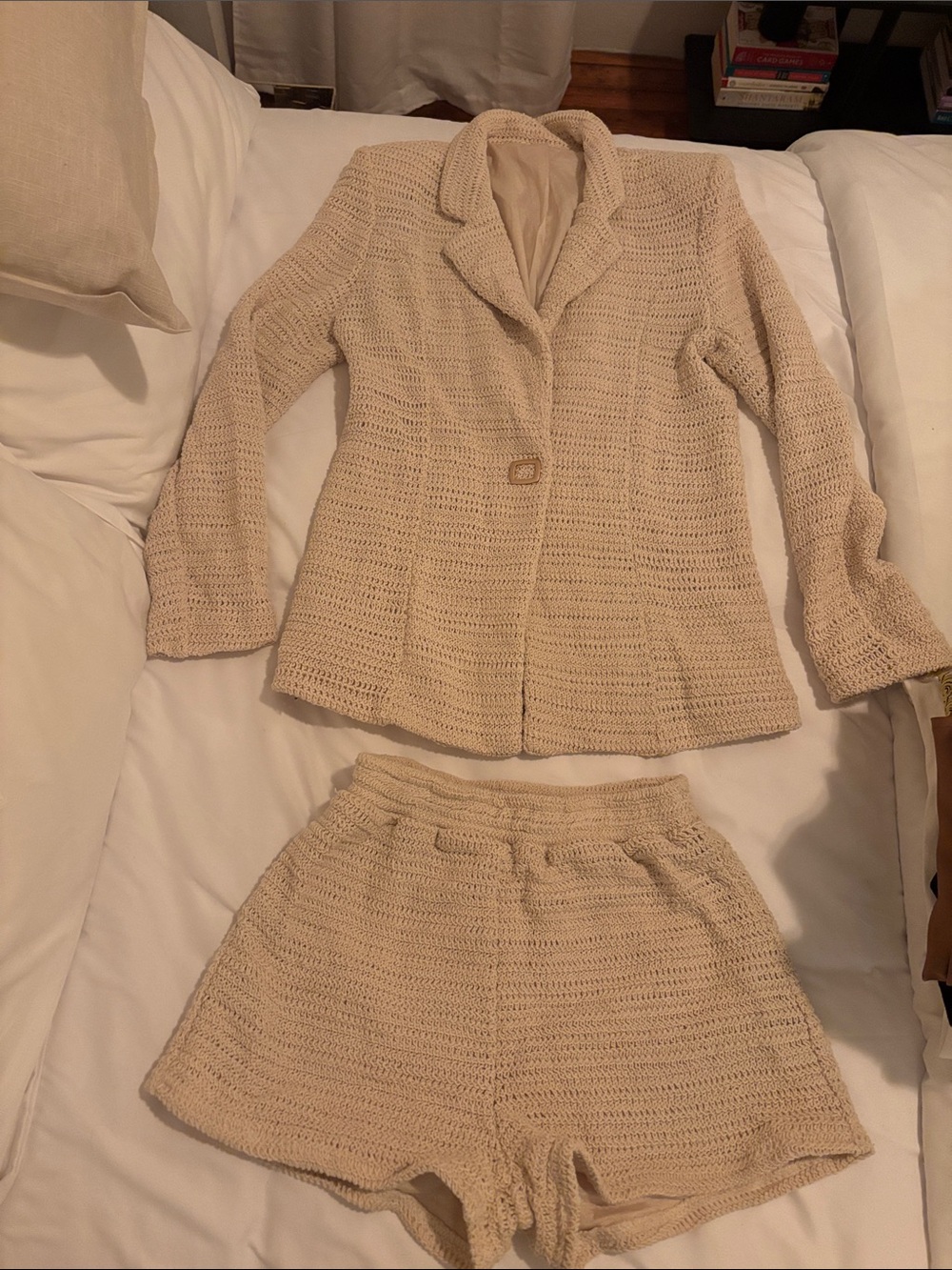 Beige Crochet Two-Piece Set - Jacket & Shorts